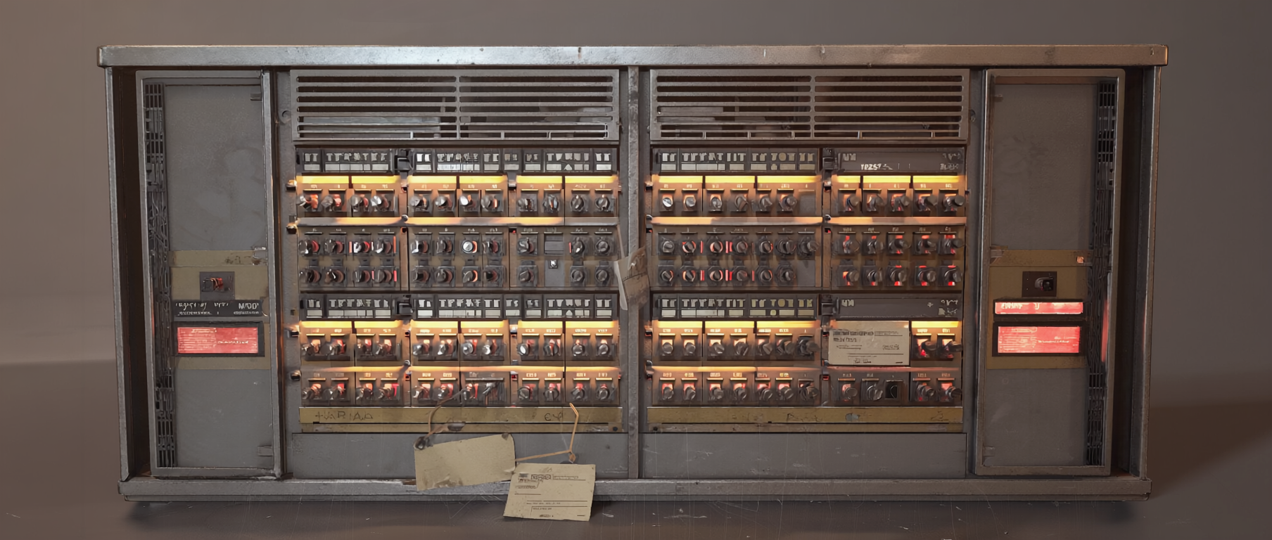 Detail eines historischen ARPANET-IMP-Geräts mit Schaltern und Statusleuchten